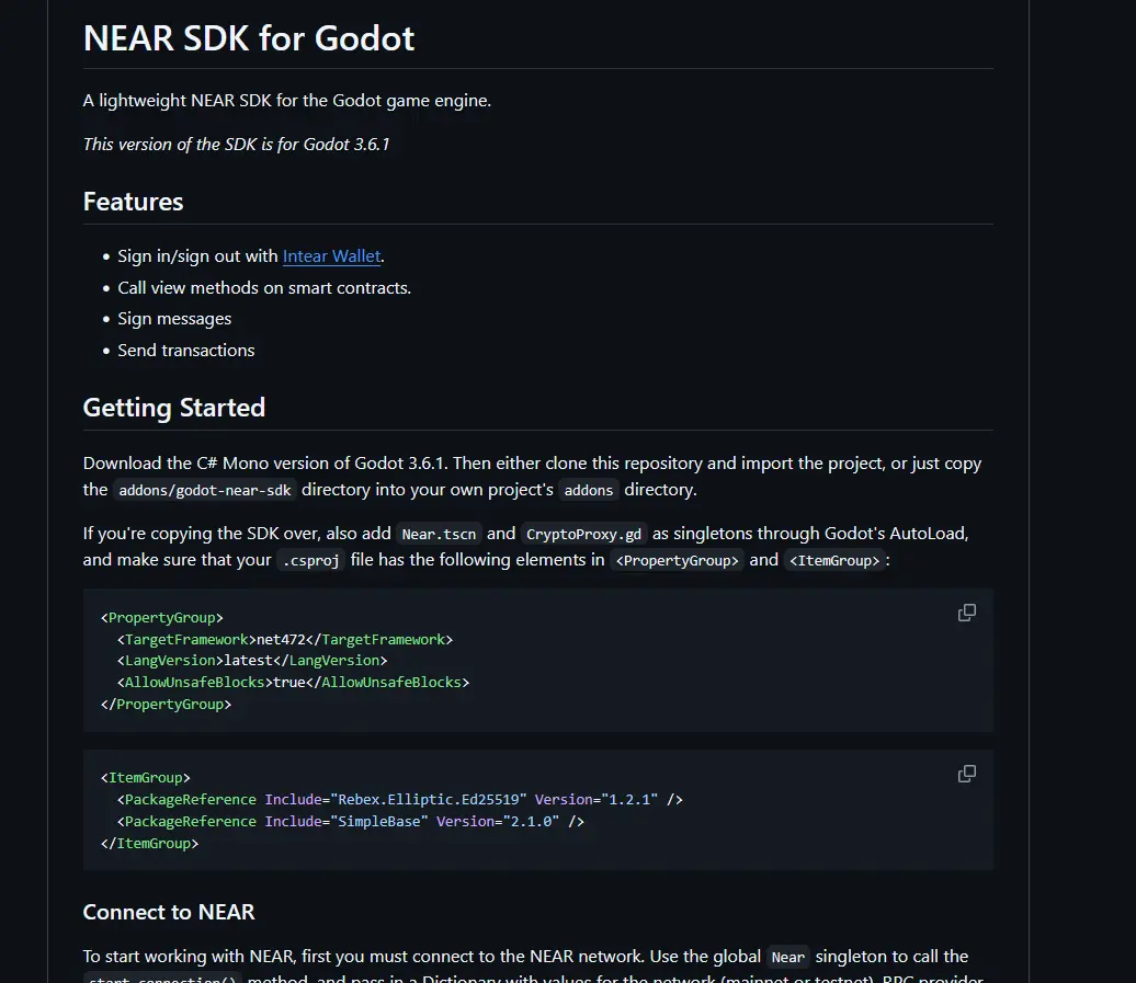 GitHub README sample text for Godot NEAR SDK