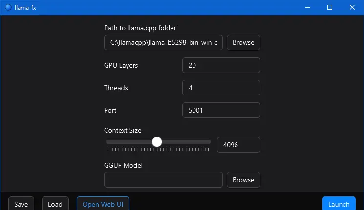 LlamaFX GUI Launcher for llama.cpp